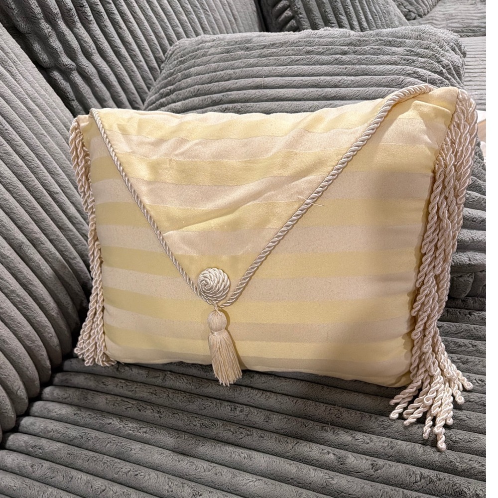 Vintage Traditional Yellow Striped Damask Lumbar Pillow Tassel Bullion Fringe